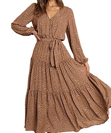 GUUKA 2022 Womens Casual Midi Dresses Floral Long Sleeve Wrap Boho Maxi Dress Ladies Fall Summer Winter Beach Holiday Sundresses Jupe Femme(Khaki,M)