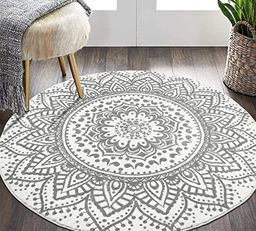 HEBE 4 Ft Round Area Rug Soft Chic Bohemian Mandala Rugs Machine Washable Non Slip Indoor Sofa Floor Area Mat Carpet for Living Room Sofa Bedroom Nursery Decor (4FT, Grey)