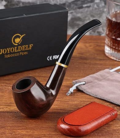 Joyoldelf tobacco pipes "Maigret" Black, Smooth, Bent, Hand made + Stand, Wooden Smoking Pipe with Gift Box