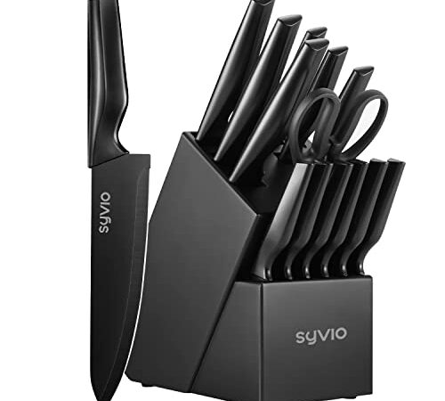 Knife Set, syvio 14 Pieces Kitchen Knife Set with Block, Knife Block Set with Built-in Sharpener, Kitchen Knives Black for Chopping, Slicing, Dicing & Cutting