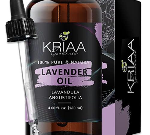 KRIAA Goodness Lavender Essential Oil 120ml with Dropper Pure & Organic Ideal for Aromatherapy Massage Pillow Spray Soap Candle & Perfume Making Sleep & Hair Aid Diffuser Use