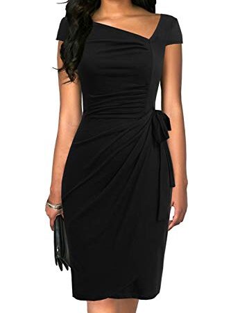 Liyinxi Sexy 50s Short Sleeves Sheath Bodycon Ruched Knee Length Wedding Guest Summer Black Pencil Dresses (XL, L8022-BLK)