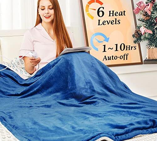 Mia&Coco Electric Heated Blanket Throw Flannel Sherpa Fast Heating 50"x60", 6 Heating Levels & Up-to-10-Hours Auto-Off Timer & LED Display, for Home Office Use, Machine Washable, ETL Certified, Blue