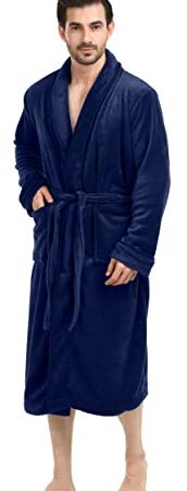 NY Threads Luxurious Men's Shawl Collar Fleece Bathrobe Spa Robe (Small/Medium, Navy)