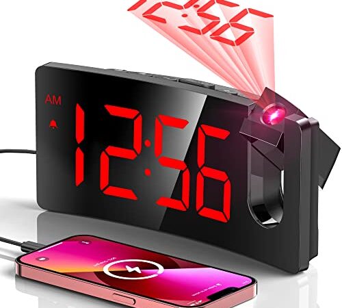 Projection Alarm Clock, Digital Clock with 180° Rotatable Projector, 3-Level Brightness Dimmer, Clear LED Display, USB Charger, Progressive Volume, 9mins Snooze,12/24H, Digital Alarm Clock for Bedroom