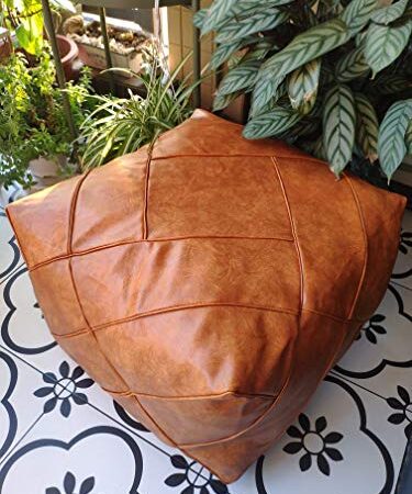 RISEON Boho Handmade Faux PU Leather Moroccan Pouf Footstool Ottoman Leather Poufs Unstuffed 18.9" x 14.96" -Square Floor Cushion Footstool for Living Room, Bedroom and Under Desk (Orange)