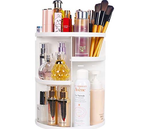 sanipoe 360 Makeup Organizer, DIY Detachable Spinning Cosmetic Makeup Caddy Storage Display Bag Case Large Capacity Makeup Box Acrylic Vanity Organizer Box, Great for Countertop and Bathroom, White