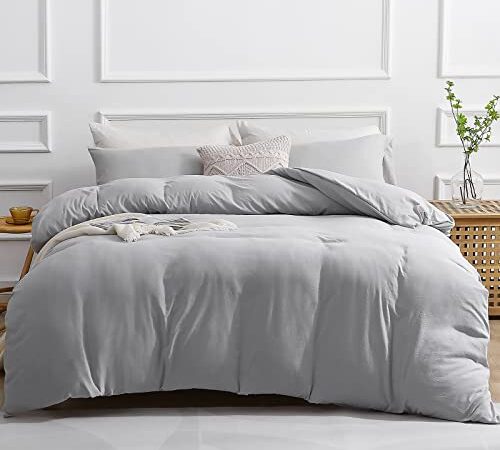 SASTTIE Duvet Cover Queen 3 Pieces, Light Grey Queen Size Duvet Cover Set, Ultra Soft Duvet Cover with Zipper Closure, Corner Ties, 90x90 Inch