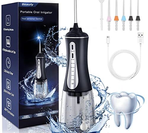 Skeufy Cordless Water Flosser Teeth Cleaner, 350ML Portable Oral Irrigator, 5 Cleaning Modes 6 Jet Tips, USB Interface & IPX7 Waterproof Dental Cleaner for Braces and Bridges Care, Home and Travel