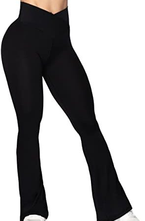 Sunzel Flare Leggings, Crossover Yoga Pants with Tummy Control, High-Waisted and Wide Leg, 30" Black, Medium