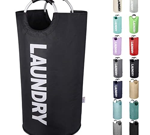 SweetMemo 90L Large Laundry Baskets Collapsible, Tall Laundry Hampers, Canvas Laundry Bag Hamper, Fabric Clothes Hamper with Padded Handles, Foldable Laundry Bin (Black)