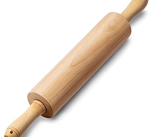 Tera Classic Wood Rolling Pin Rubber Wood Dough Roller with Handles 17.5 Inch for Baking Pasta Pizza Fondant Cookie Noodles Bread