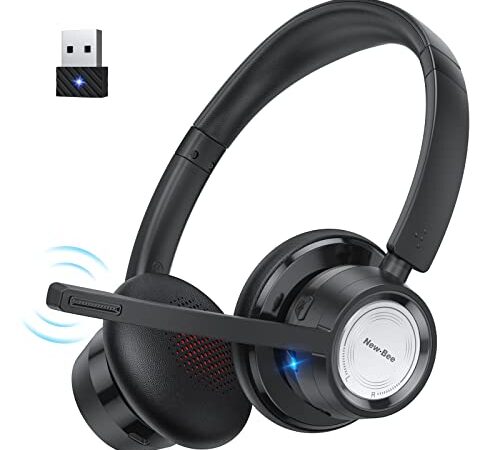 Wireless Headset with Microphone Noise Canceling 20Hrs New Bee V5.0 Bluetooth Headset Office Headset with USB Dongle & 270° Mute Mic for Skype Zoom Laptop Computer Phone