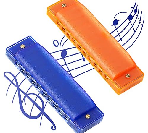 AMOR PRESENT Kids Harmonica, 2PCS Harmonica for Toddlers 10 Holes Translucent Harmonica with Case, Party Birthday Gifts (Orange and Blue)