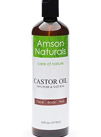 Castor Oil 16 oz /473ml (Large Bottle) by Amson Naturals -100% Pure & Natural Castor oil for Hair, Eyelashes, Eyebrow, Beard, Skin, Cold Pressed carrier oil for essential oils. huile de ricin pour cheveux.