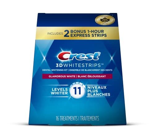 Crest 3D White Whitestrips (14) Glamorous White Treatments, + (2) Bonus* 1 Hour Express Treatments, Teeth Whitening Kit, 8 Levels Whiter