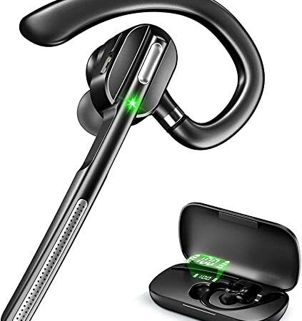 Dechoyecho Bluetooth Headset V5.1, Wireless Headset with Battery Display Charging Case, Bluetooth Earpiece with Noise Canceling Mic for Driving, Office and Business,Compatible with Cell Phone and PC