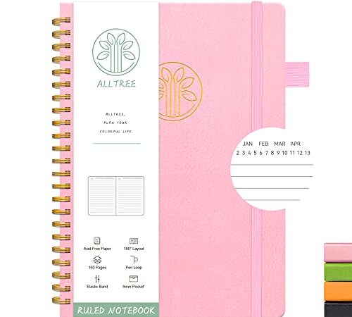 Lined Journal Notebook, Spiral Notebook, Leather Hardcover, ALLTREE Twin Wire Spiral Bound Notebook with Date & Month Recording, Pen Loop, Pocket, Stickers, Ribbon, 160 Pages, Journal for Women & Men, Pink(6"x8.25")