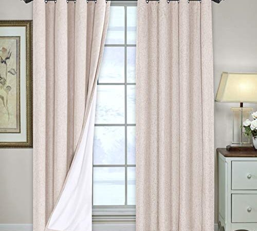 Linen Blackout Curtains 84 Inches Long 100% Total Blackout Heavy-Duty Draperies for Living Room Bedroom Thermal Insulated Textured Functional Window Treatment Anti Rust Grommet, 2 Panels, Natural