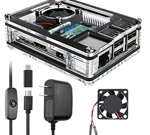 Miuzei Raspberry Pi 3 B+ Case with Fan Cooling Pi 3B Case with 3 Pcs Heat-Sinks 5V 3A Power Supply for Raspberry Pi 3 B+ (B Plus) 3B (No Raspberry Pi Board)