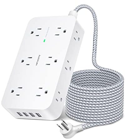 Power Bar Surge Protector- 12 Wide Outlets Power Strip with 4 USB Ports, 5Ft Braided Extension Cord Flat Plug, Overload Surge Protection, Wall Mount, Desk Charging Station for Office Home ETL Listed