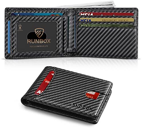 RUNBOX Slim Wallet for Men Minimalist Leather Bifold RFID Blocking with Gift Box Carbon Fiber Black