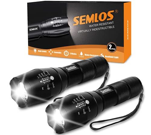 Semlos LED Flashlight(AAA Batteries Included), XML T6 Ultra Bright Handheld Flashlight, Pocket Flashlight High Lumens, 5 Modes, Zoomable, Waterproof Camping Light for Outdoor, Emergency (2 Pack)