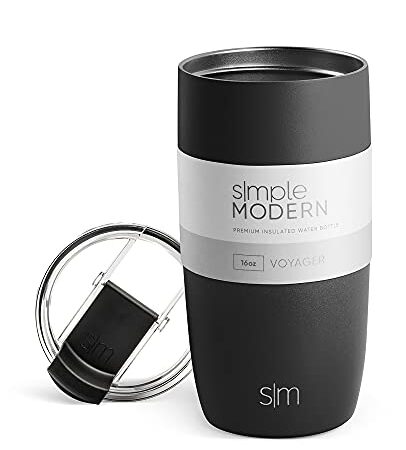 Simple Modern Travel Coffee Mug Tumbler with Clear Flip Lid | Reusable Insulated Stainless Steel Thermos Cold Brew Iced Coffee and Tea Cup | Voyager Collection | 16oz (470ml) | Midnight Black